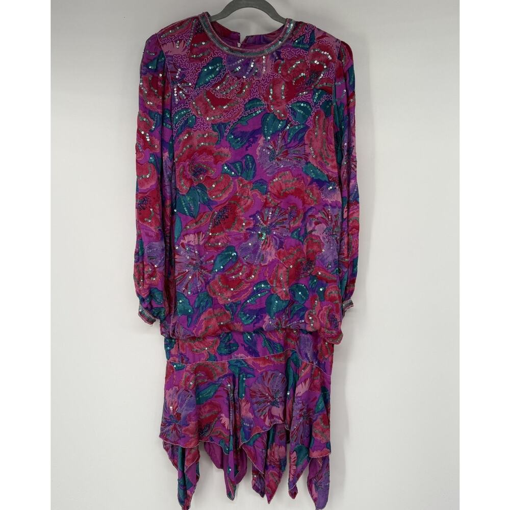 VTG Judith Ann Creations Inc Silk Dress Womens M Pink Floral Sequin Beaded 80s
